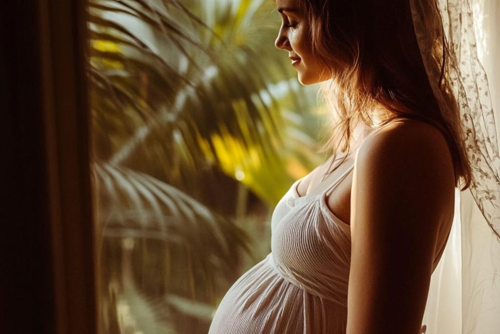 Mujer embarazada en lugar tropical