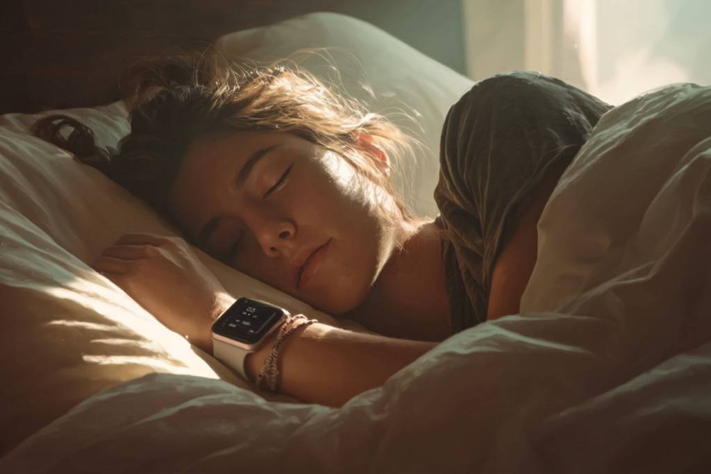 Una mujer embarazada duerme con un smartwatch, mientras su descanso es monitoreado con suavidad. Establecer rutinas de sueño regulares podría ser clave para prevenir el parto prematuro, según revela un nuevo estudio.