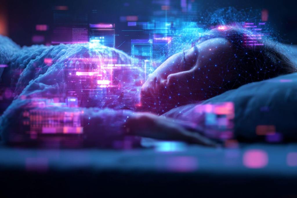 Visualización artística de cómo la inteligencia artificial puede analizar datos de sueño para anticipar partos prematuros. La ciencia abre nuevas vías para un seguimiento prenatal más preciso y personalizado.