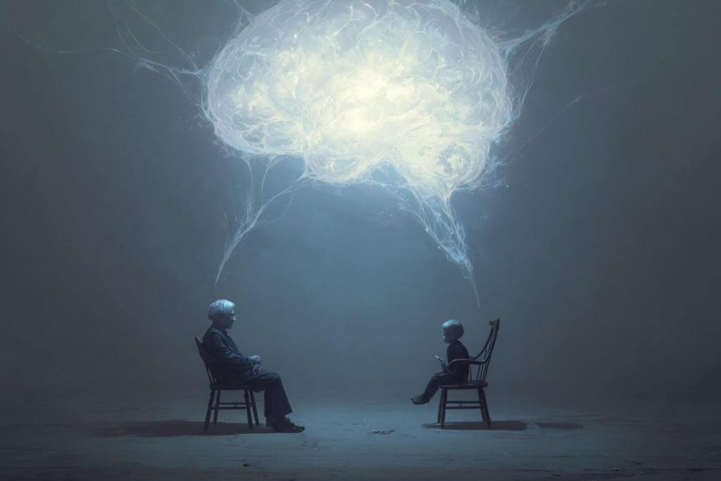 Un niño y un anciano conectados por un cerebro común: la tau fosforilada como símbolo de un lenguaje que une generaciones desde la biología.