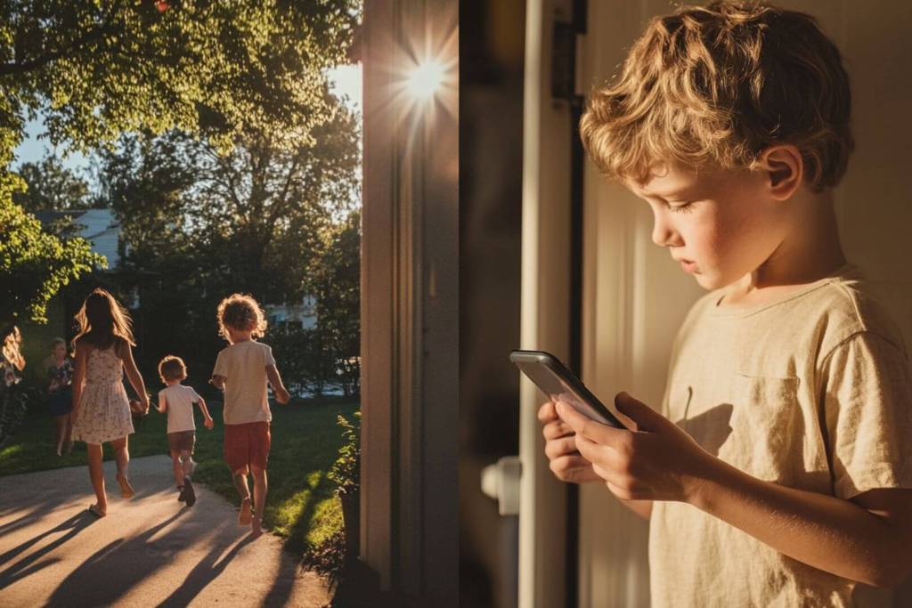 El contraste es claro: mientras unos niños se relacionan cara a cara, otros quedan atrapados en una realidad solitaria frente a la pantalla.