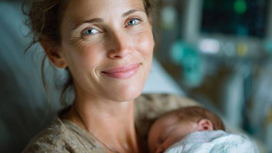 Una madre de más de 40 años sostiene a su recién nacido en el hospital. Según un macroestudio sueco con más de 300.000 partos, los riesgos de parto prematuro, bajo peso y otras complicaciones neonatales aumentan significativamente a partir de esa edad.