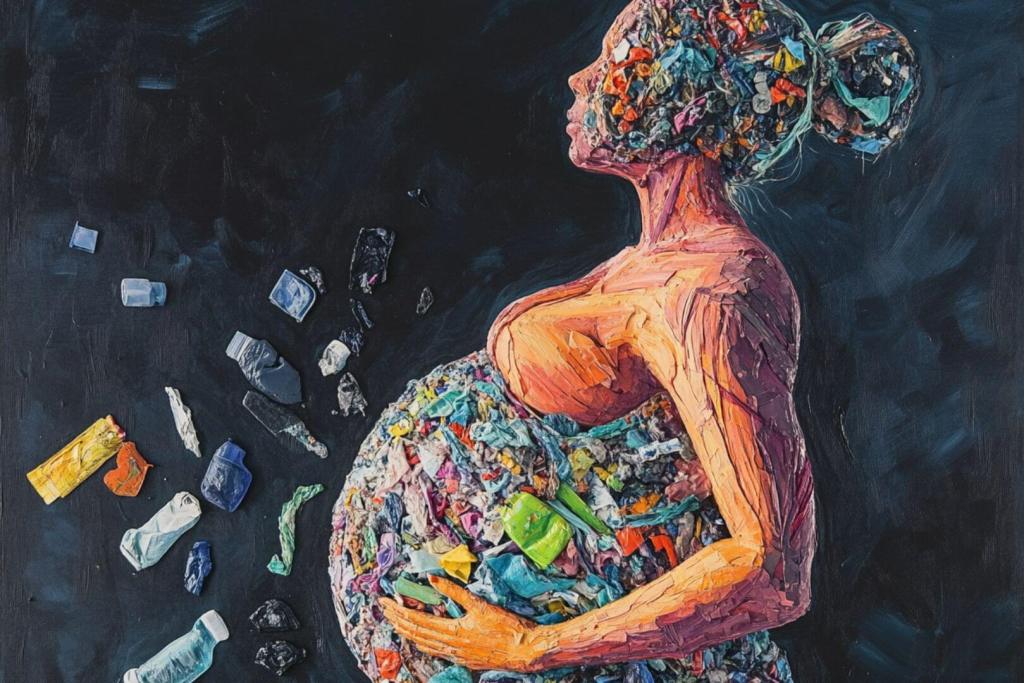 Embarazo y exposición ambiental: una ilustración conceptual sobre cómo lo que respiramos o comemos puede influir incluso antes de nacer.