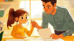 Un padre acompaña a su hija mientras trabajan juntos en sus objetivos escolares, creando un ambiente de apoyo y motivación