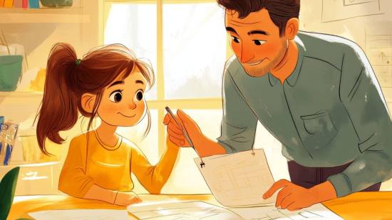 Un padre acompaña a su hija mientras trabajan juntos en sus objetivos escolares, creando un ambiente de apoyo y motivación