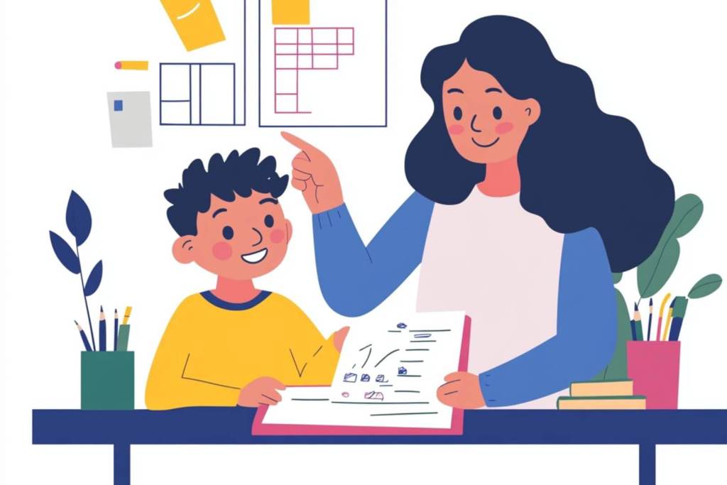 Una madre y su hijo comparten un momento de aprendizaje y planificación, reforzando el vínculo afectivo a través de metas comunes.