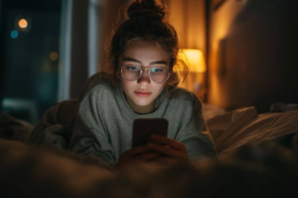Una adolescente consultando su móvil.