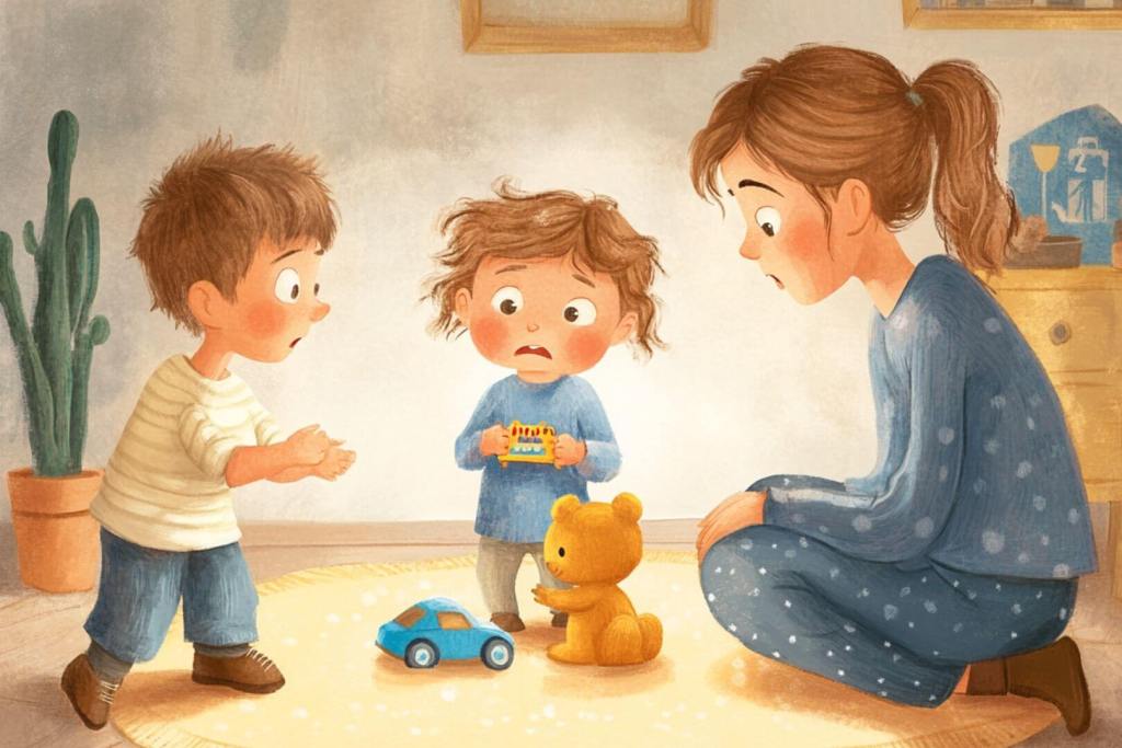 Una madre acompaña con calma a sus hijos durante una discusión por un juguete, ayudándoles a entender sus emociones.