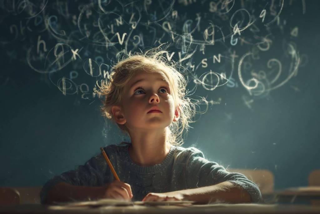 Una niña con altas capacidades y dislexia, enfrentando las letras que se mezclan en su mente mientras estudia