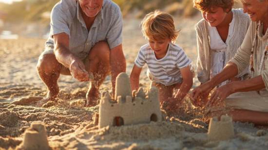 Una familia de abuelos y nietos en la playa. Un plan que los más pequeños adoran para sus vacaciones escolares
