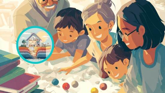 Ilustración que ayuda a explicar a los niños cómo se producen los terremotos bajo tierra: placas tectónicas y su efecto en los hogares (Midjourney-RG)