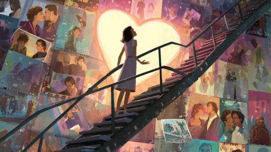 Una adolescente asciende simbólicamente una escalera rodeada de imágenes idealizadas de romance, reflejando el mensaje que transmiten las películas analizadas en el estudio.