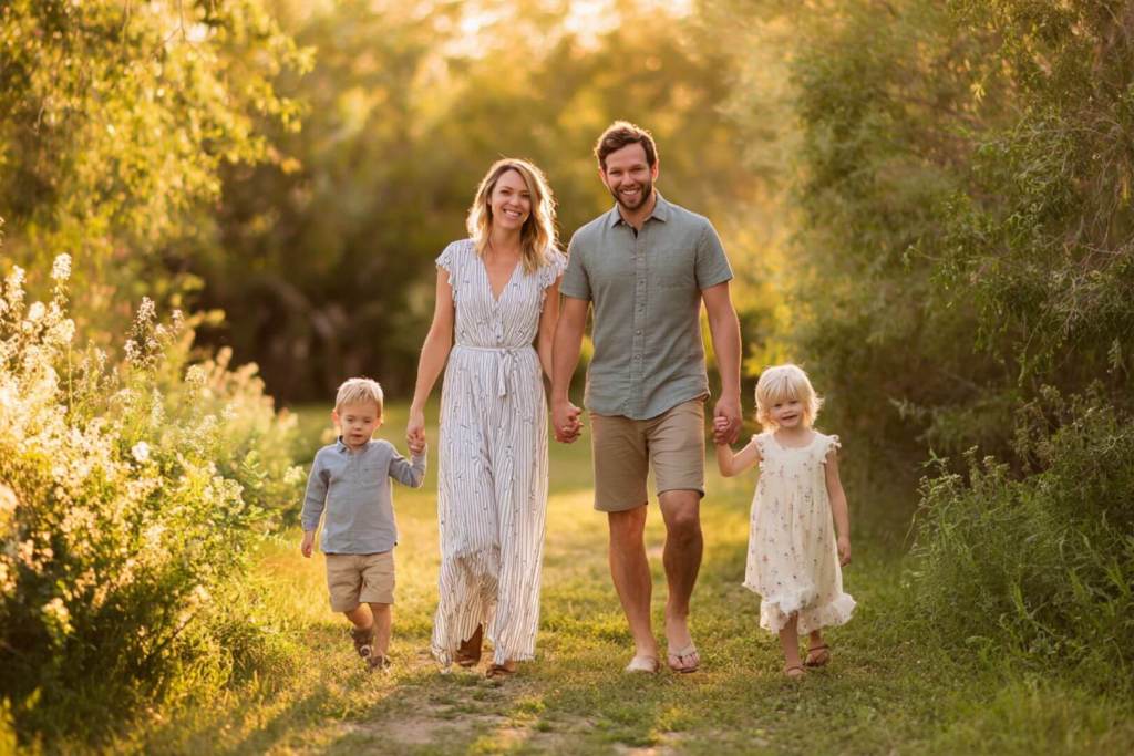 Una familia feliz que camina unida, símbolo de acompañamiento y guía en cada paso.