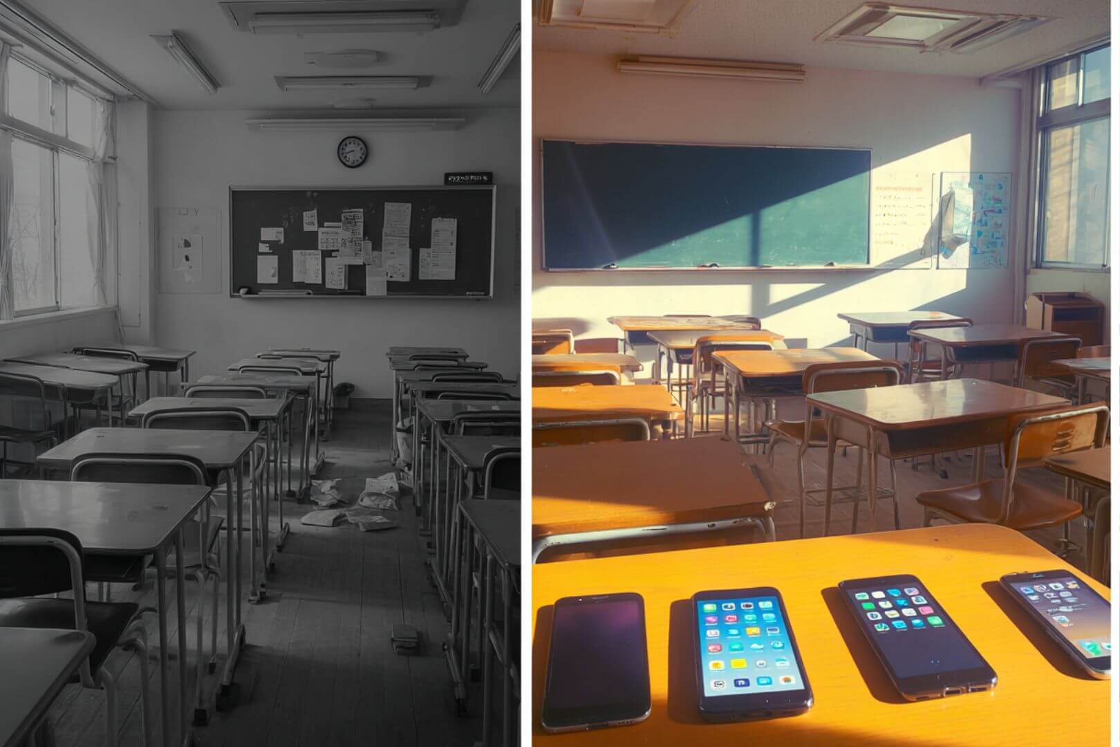 Comparativa visual: aula tradicional en los años 90 frente a una clase moderna tras la prohibición de móviles.