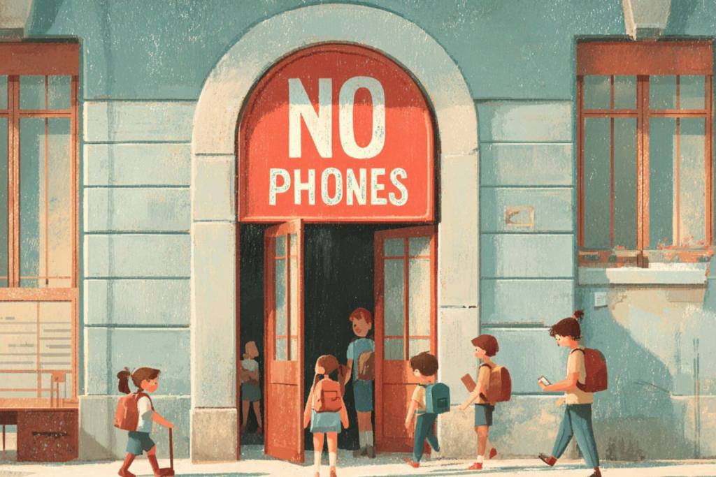 El cartel habla por sí solo: menos pantallas, más convivencia. Esto es lo que busca Portugal prohibiendo los móviles en sus colegios.