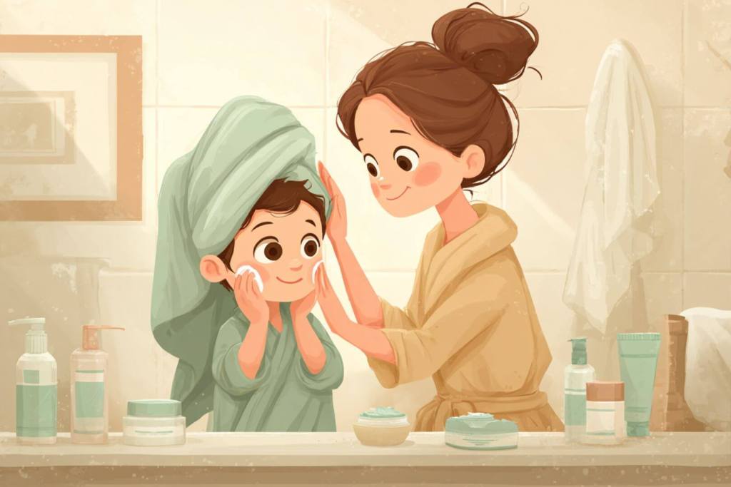 Una rutina de cuidado facial puede ser un momento especial entre madre e hijo