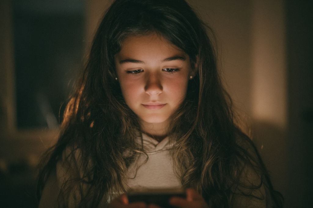 Primer plano de una niña española usando su móvil en casa.
