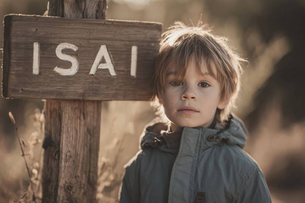 Niño de aspecto serio junto a un cartel de madera con el nombre ISAI al aire libre