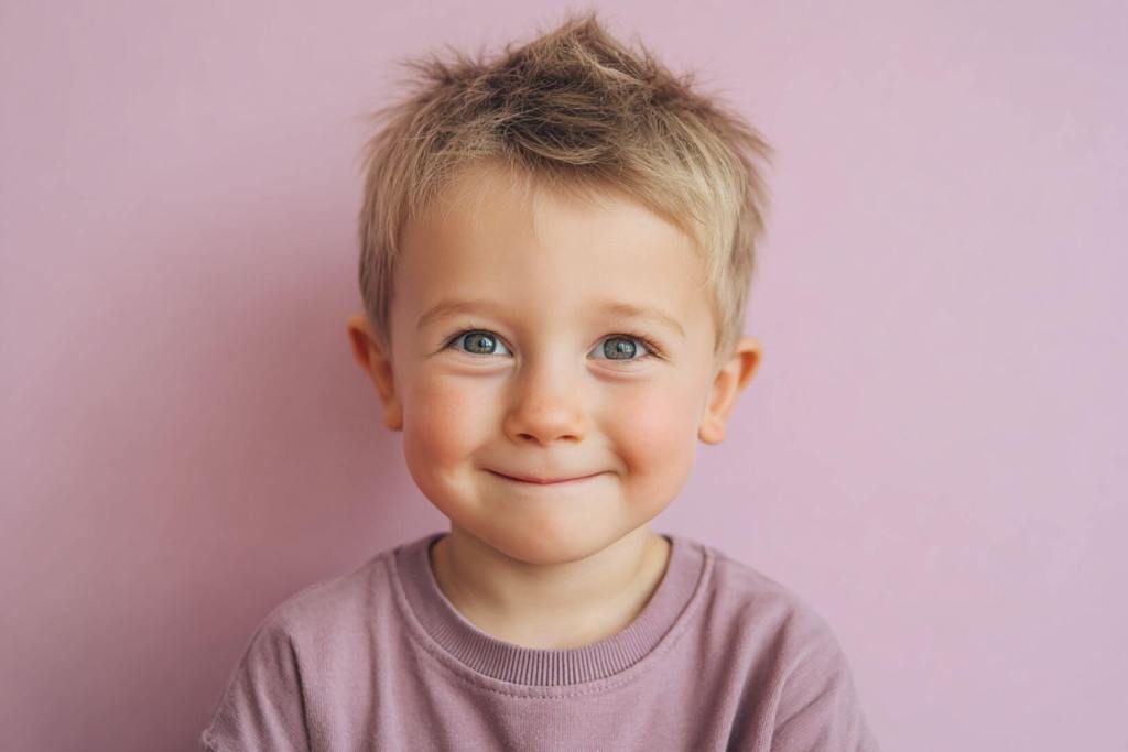 Retrato de un niño rubio sonriente con fondo lila minimalista