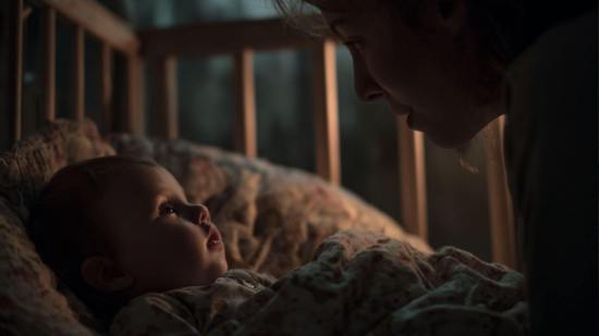 Una madre vigila de cerca a su bebé enfermo que lucha por conciliar el sueño debido a la tos nocturna. La conexión y la preocupación son palpables en estas noches difíciles.