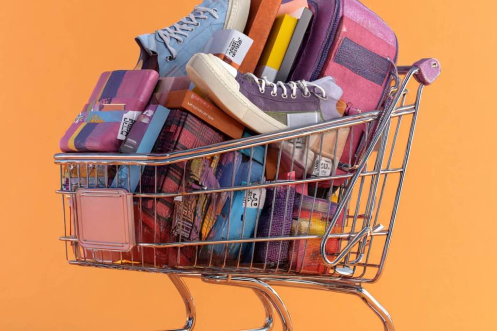 Carrito de supermercado cargado con mochilas, zapatillas y material escolar con etiquetas de precio.