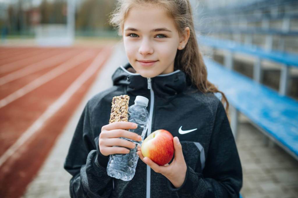 Chica adolescente en ropa deportiva sosteniendo una manzana, una barrita de cereales y una botella de agua en una pista de atletismo.