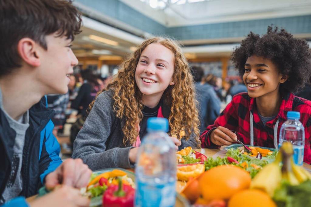 Grupo de adolescentes disfrutando de un picnic con alimentos saludables como ensaladas, frutas y pan integral.