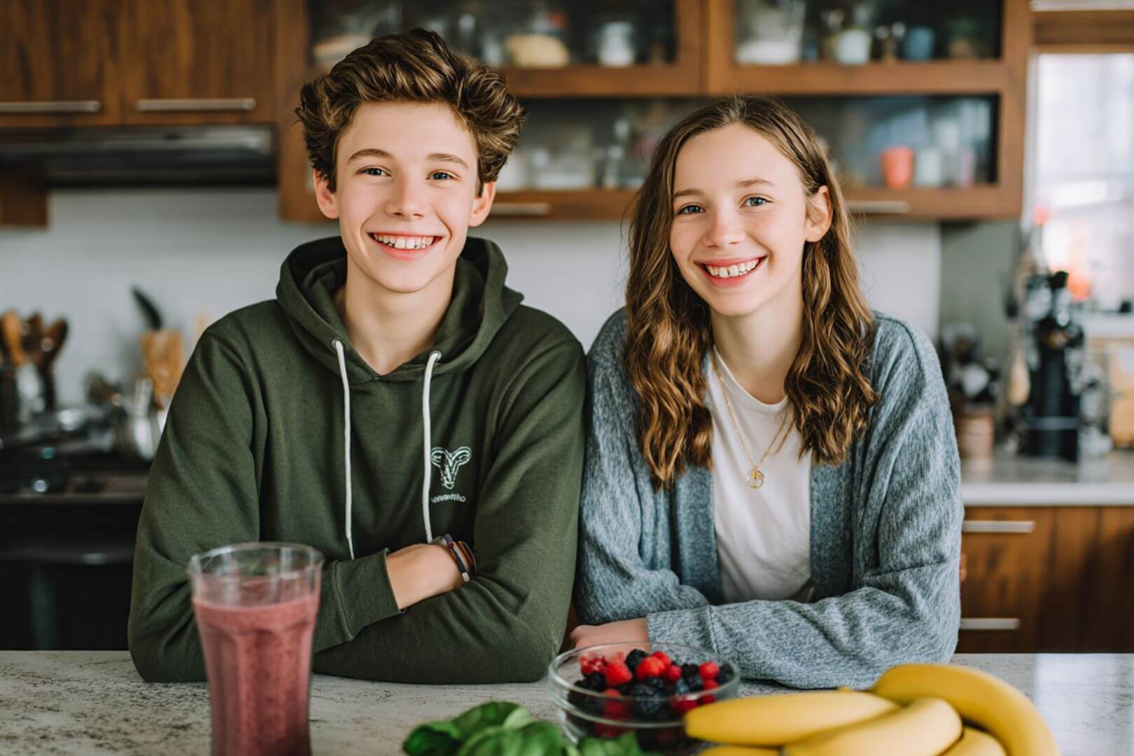 Dos jóvenes adolescentes en la cocina preparando comieda saludable