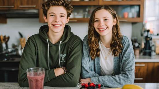Dos jóvenes adolescentes en la cocina preparando comieda saludable