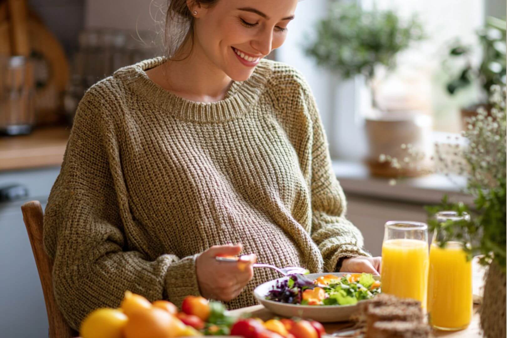 Mujer embarazada sonriente comiendo ensalada fresca con vegetales y bebiendo zumo de naranja en una cocina iluminada por luz natural.