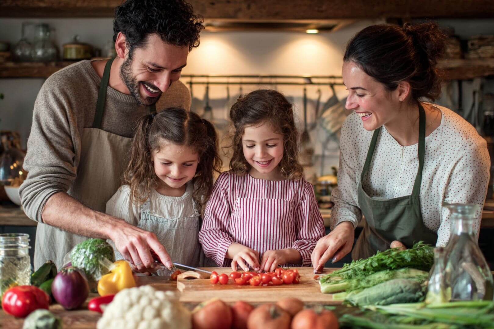 Padre, madre y dos niñas pequeñas cortando y preparando verduras frescas en una cocina familiar con productos de temporada.