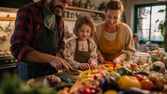 Familia con dos niñas cortando verduras frescas en la cocina, rodeados de vegetales como tomates, pimientos, coliflor y acelgas.