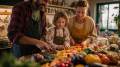 Familia con dos niñas cortando verduras frescas en la cocina, rodeados de vegetales como tomates, pimientos, coliflor y acelgas.