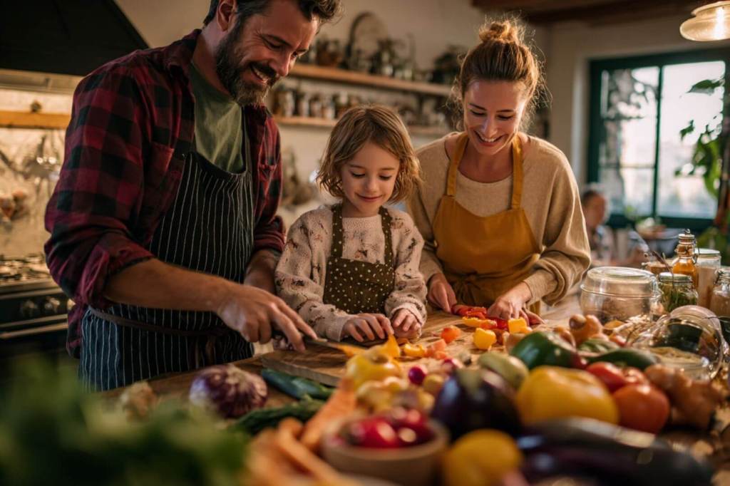 Familia con dos niñas cortando verduras frescas en la cocina, rodeados de vegetales como tomates, pimientos, coliflor y acelgas.
