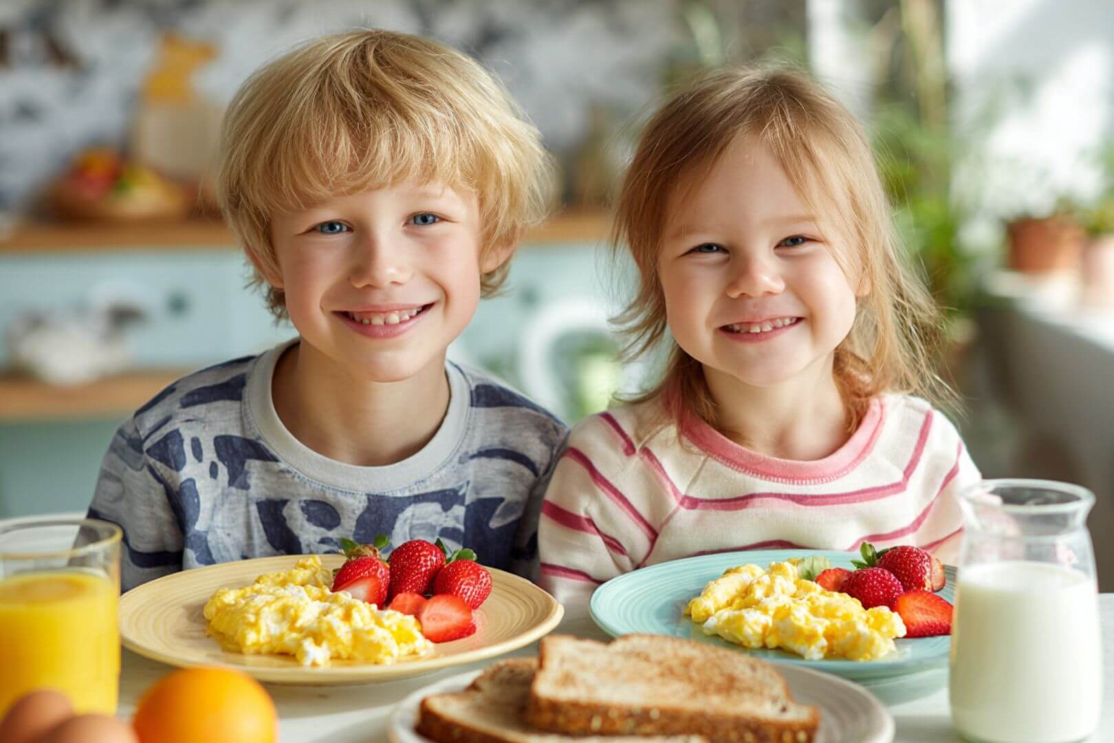 Dos niños sonrientes desayunando huevos revueltos, fresas y pan integral, ejemplo de comida saludable infantil.