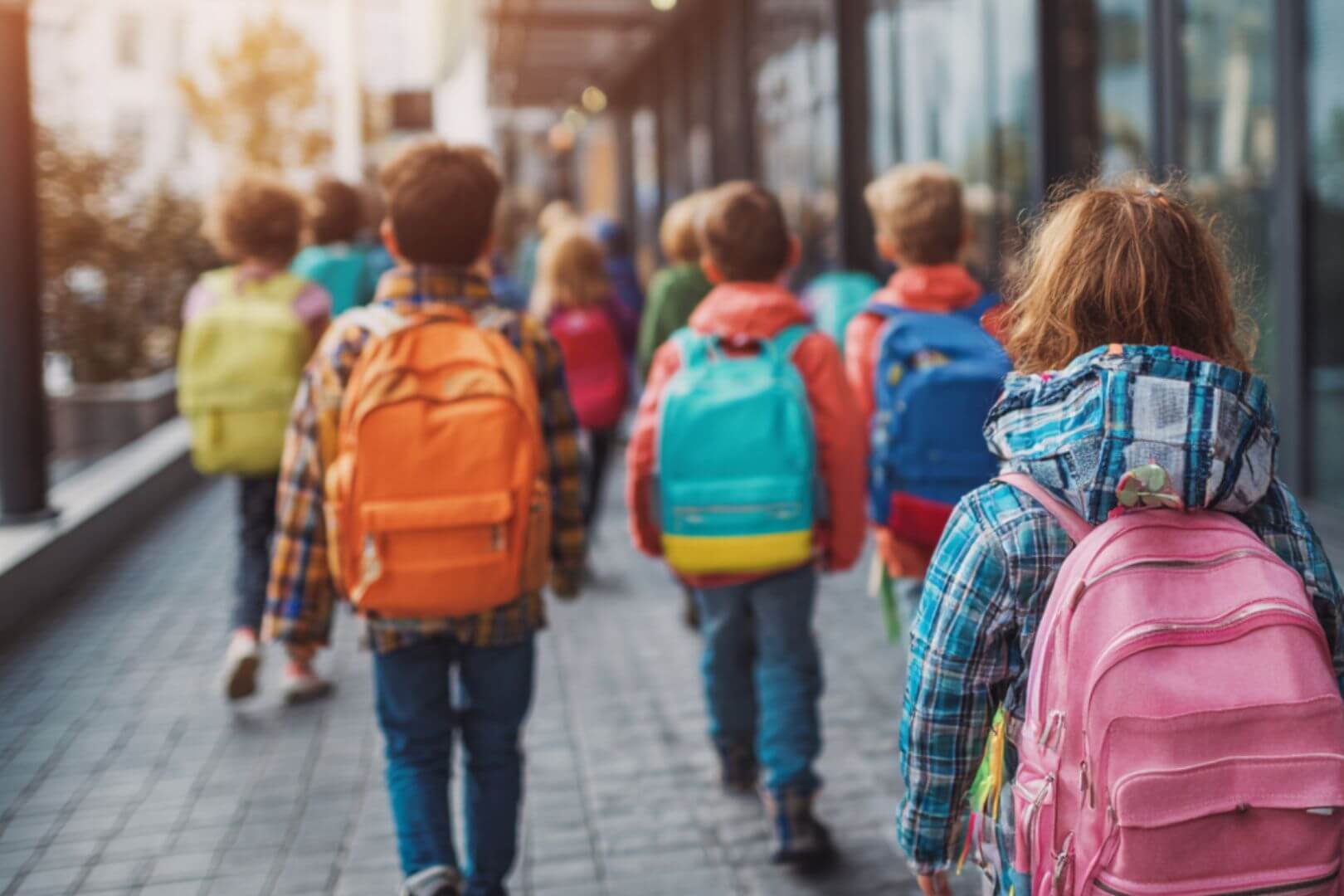 fila de niños con mochilas de colores dirigiéndose al colegio en la vuelta al cole.