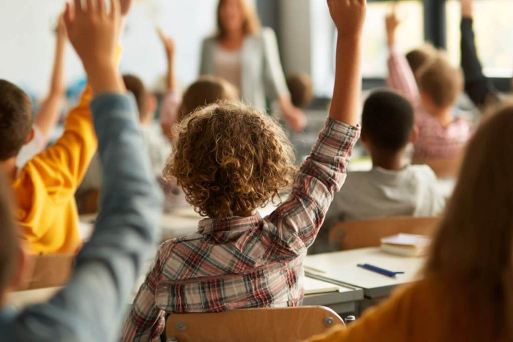 niño de espaldas levantando la mano en clase, participación escolar.