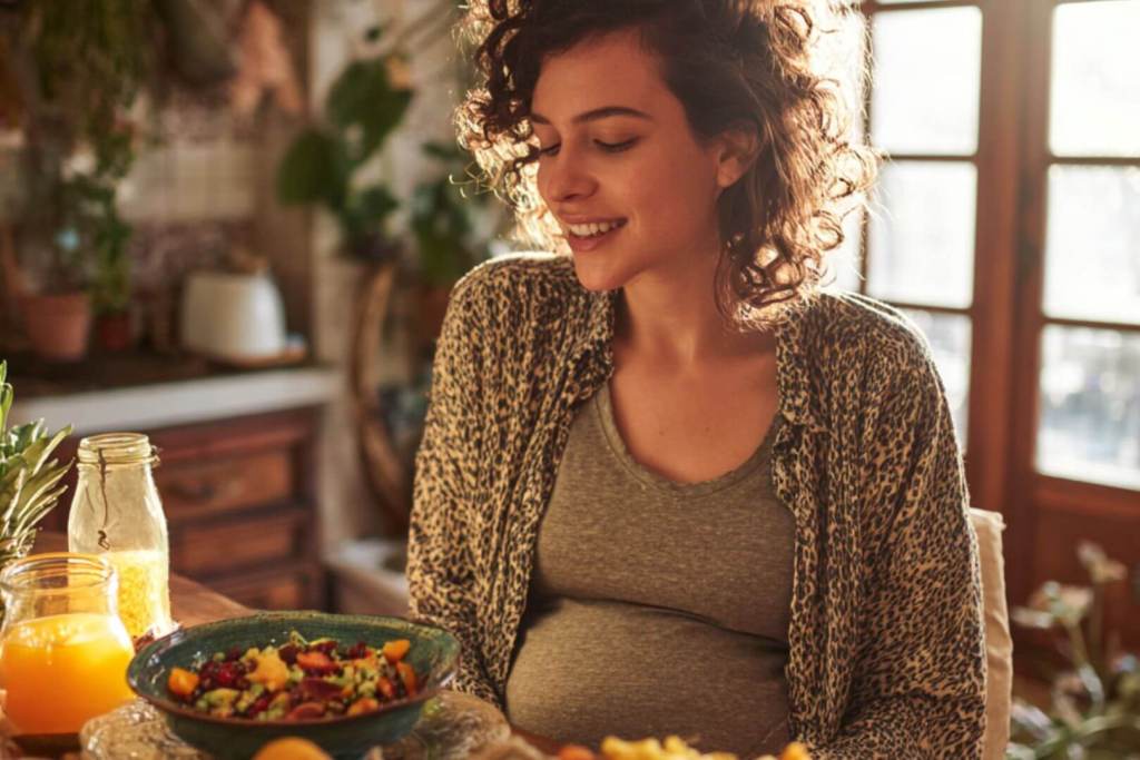 Una mujer embarazada disfruta de una comida saludable con frutas y verduras frescas como parte de una dieta especial en el embarazo.