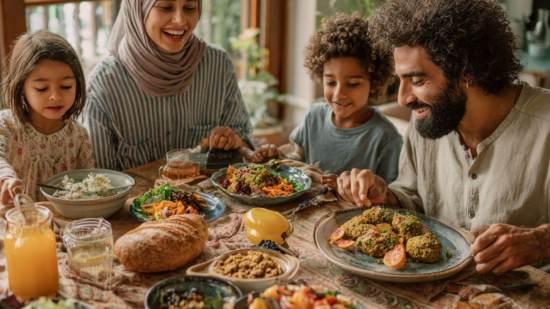 Familia con dos niños disfrutando de una comida casera variada y nutritiva en un entorno cálido y alegre.
