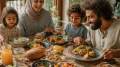 Familia con dos niños disfrutando de una comida casera variada y nutritiva en un entorno cálido y alegre.