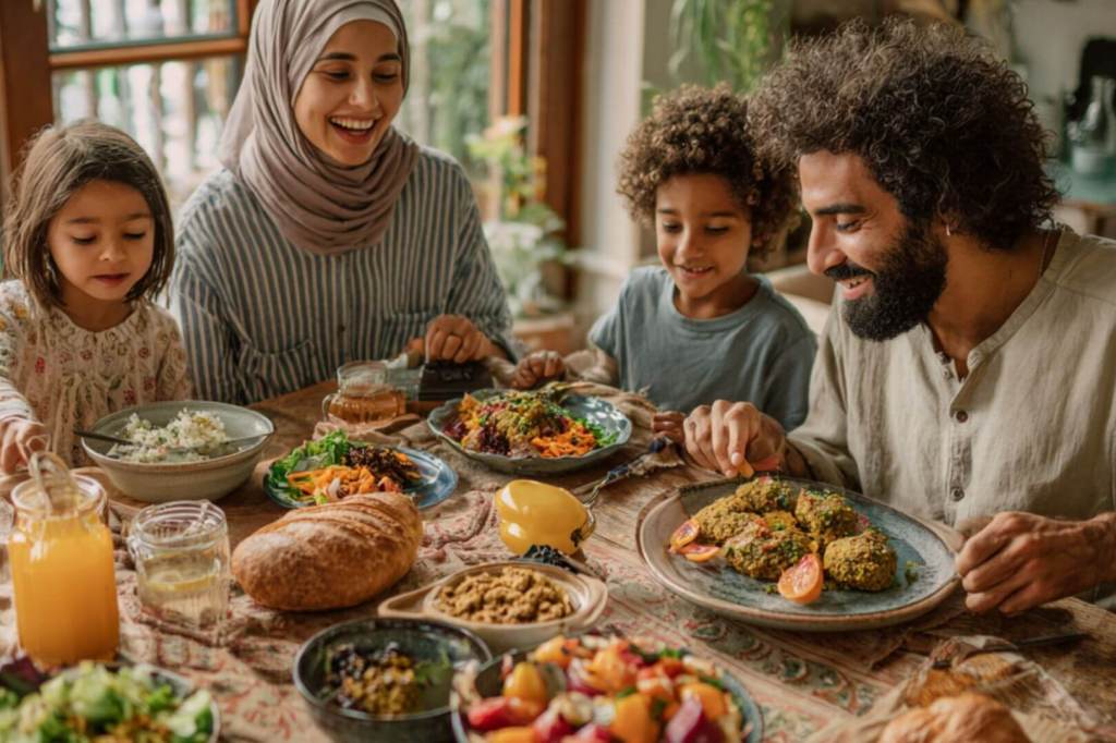Familia con dos niños disfrutando de una comida casera variada y nutritiva en un entorno cálido y alegre.