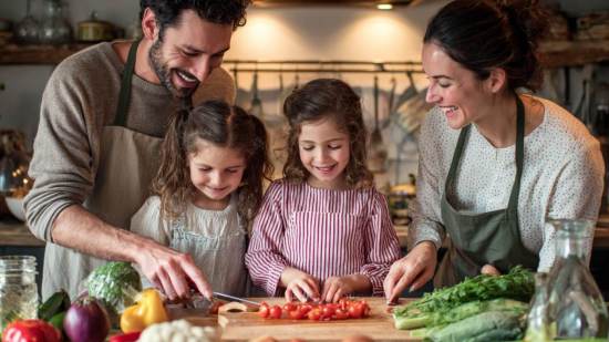 Familia con dos niñas cortando verduras frescas en la cocina, rodeados de vegetales como tomates, pimientos, coliflor y acelgas.