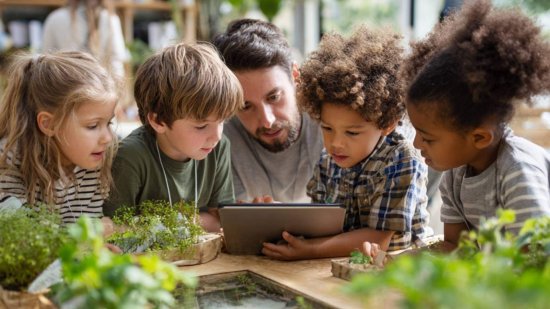 Niños de diferentes edades observan una tableta junto a un profesor en un aula verde con plantas, trabajando valores de sostenibilidad y ciudadanía digital.