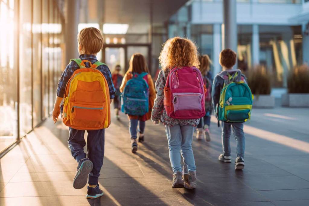 Niños de primaria caminando hacia el colegio con mochilas de colores al empezar el curso escolar.