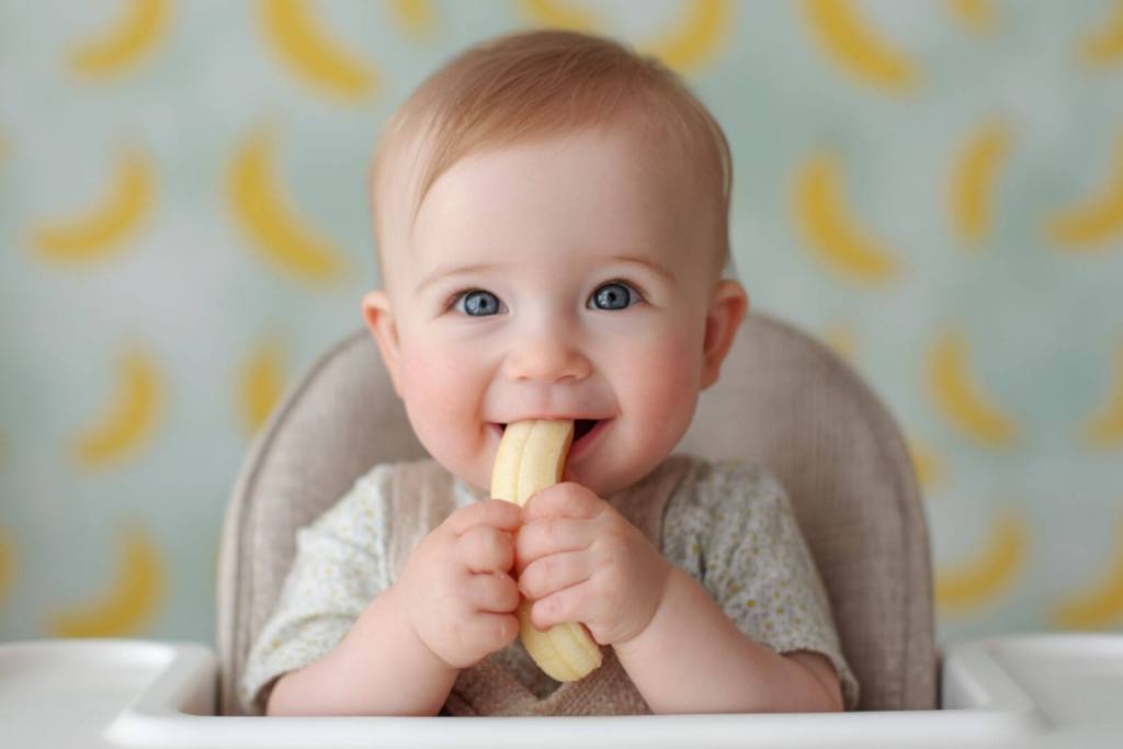  Bebé de ojos azules con babero beige comiendo plátano.