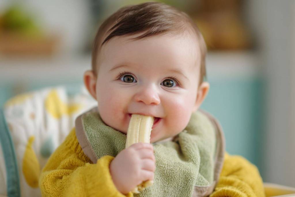 Bebé con babero verde y jersey amarillo comiendo plátano.