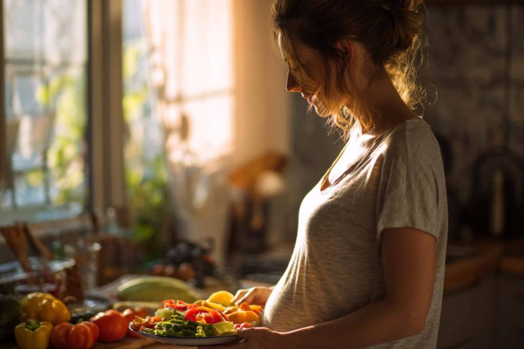 Mujer embarazada sosteniendo un plato con ensalada de verduras y frutas.