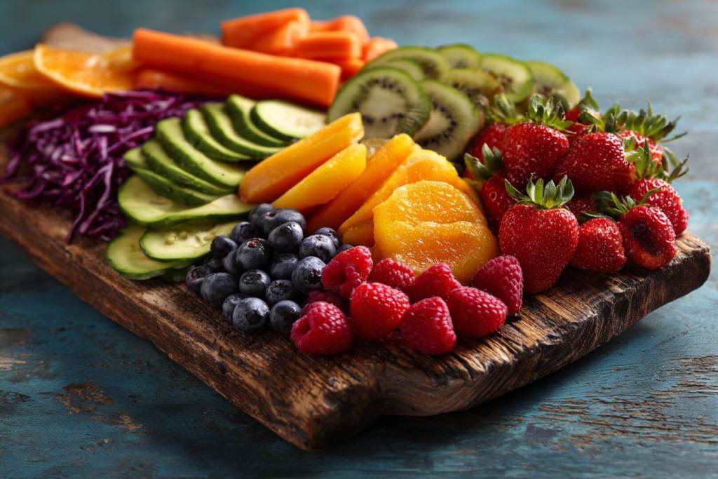 Tabla de frutas y verduras frescas cortadas.