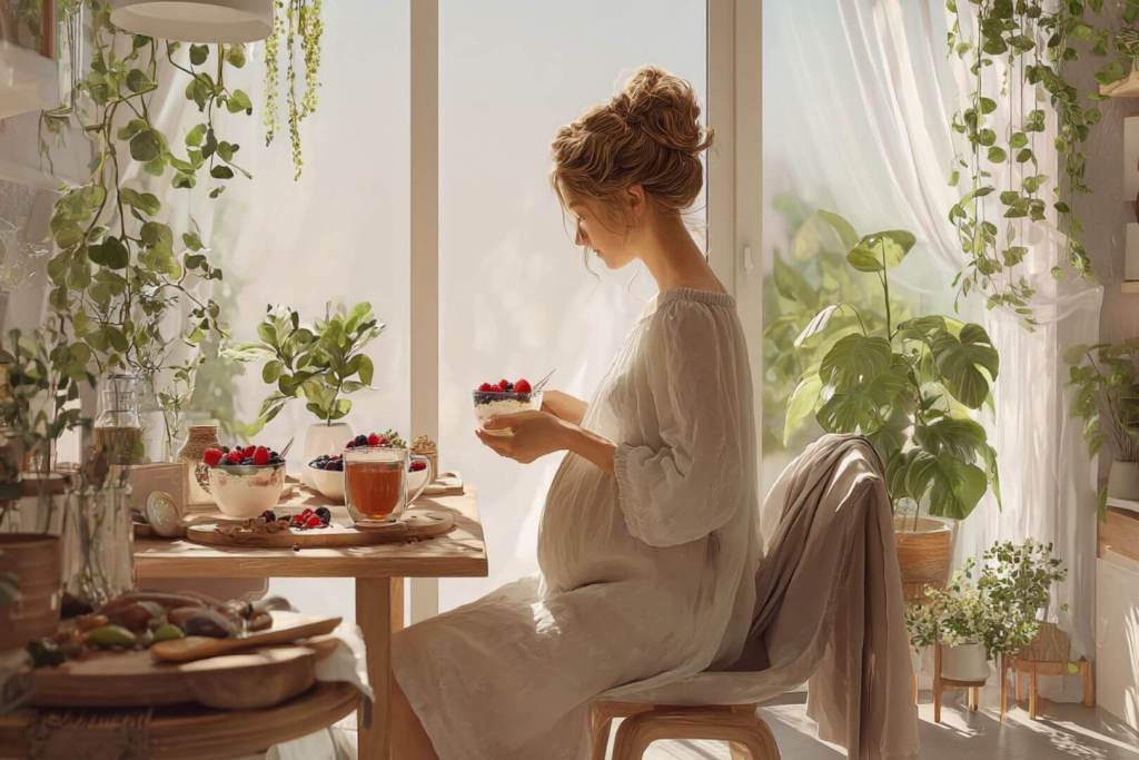 Mujer embarazada disfrutando de un desayuno saludable con yogur, frutas y té