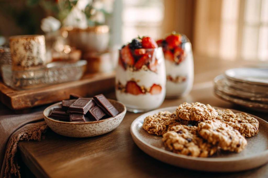 Galletas de avena, chocolate negro y vasos de yogur con fresas y moras.